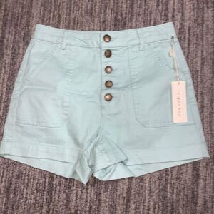 Copper Key Womens Jr 9 Button Fly Denim Jean Shorts Mint Green Patch Pockets NWT